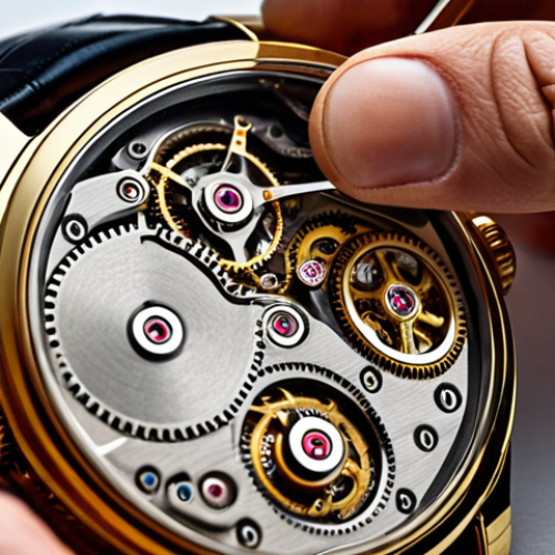 **Luxury Watch Craftsmanship:** Close-up of a skilled Swiss watchmaker meticulously assembling a luxury watch, showcasing intricate gears, gold accents, and the heritage of Swiss watchmaking. Focus on detail and artistry.