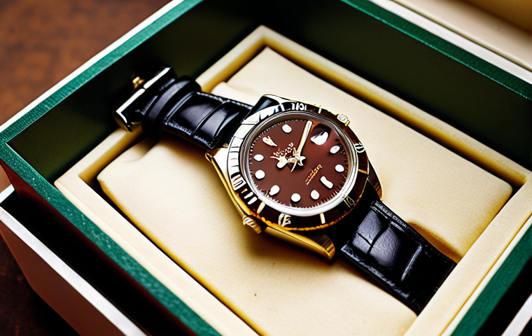 **

A close-up shot of a vintage Rolex watch inside a specialized storage box with soft lining. The box is in a controlled environment, with a humidity control device visible in the background. Focus on the watch's details and the protective features of the box.

**