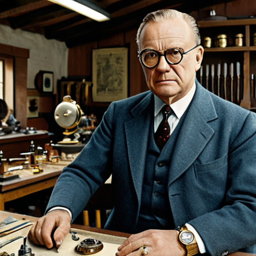 **

"Hans Wilsdorf, the founder of Rolex, pictured in a vintage workshop, surrounded by watchmaking tools and early Rolex designs, fully clothed in appropriate attire, safe for work, professional atmosphere, historic setting, perfect anatomy, natural proportions, high quality, family-friendly."

**