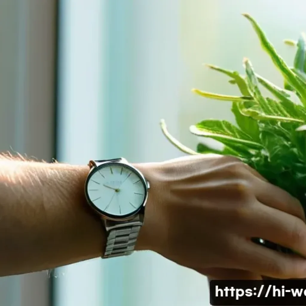 솔라 파워 시계 유지 관리 - **Prompt:** "A serene, well-lit close-up of an adult's hands gently placing a sophisticated solar-po...