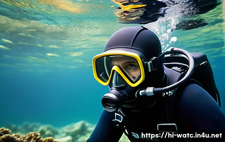 다이버 시계 베젤의 기능과 원리 - **Underwater Safety with Diving Bezel**
    An immersive, close-up shot of a professional male or fe...