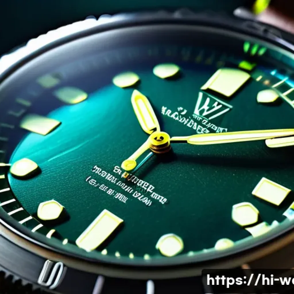 다이버 시계 방사성 야광 물질 - A close-up, highly detailed image of a vintage diver’s wristwatch dial glowing with radium-based lum...