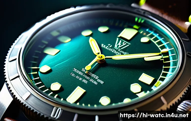 다이버 시계 방사성 야광 물질 - A close-up, highly detailed image of a vintage diver’s wristwatch dial glowing with radium-based lum...