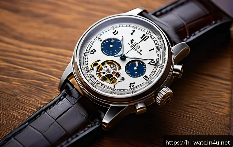 스위스 메이드와 일본 시계 차이 - A close-up, highly detailed image of a classic Swiss mechanical wristwatch resting on a polished woo...