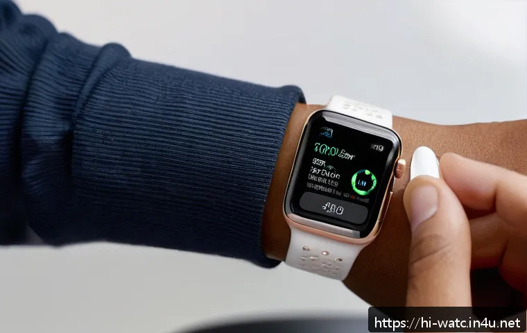 애플워치 스트랩 교체 방법 - A close-up, detailed image of a person’s hands carefully removing an Apple Watch silicone strap usin...