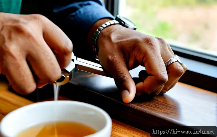 크로노그래프 시계의 활용법 - Photorealistic close-up of an Indian man’s hand wearing a stainless steel chronograph wristwatch, th...