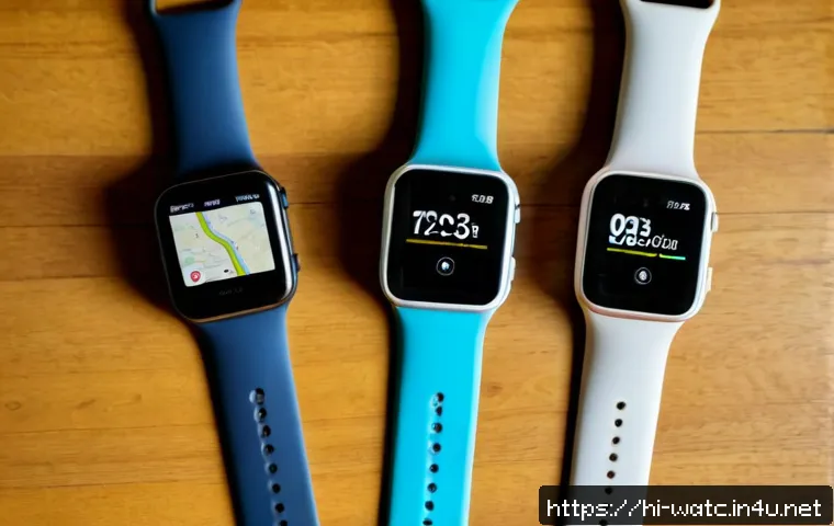 GPS 스마트워치 모델 추천 - Photorealistic top-down comparison of three unbranded GPS smartwatches on a clean wooden desk, each ...